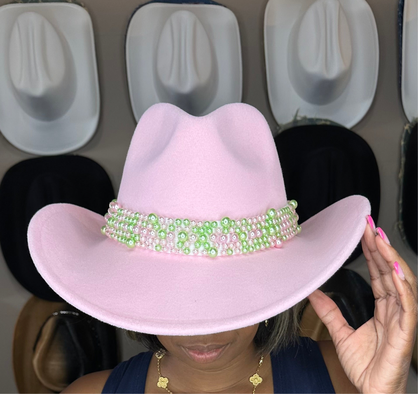 Pink Green Pearl Elastic Hat Band