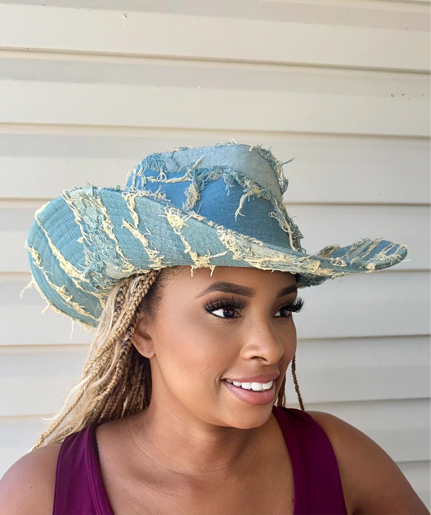 Distressed Denim Cowboy Style Hat. Size 58cm Size Medium