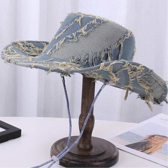 Distressed Denim Cowboy Style Hat. Size 58cm Size Medium
