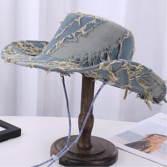Distressed Denim Cowboy Style Hat. Size 58cm Size Medium