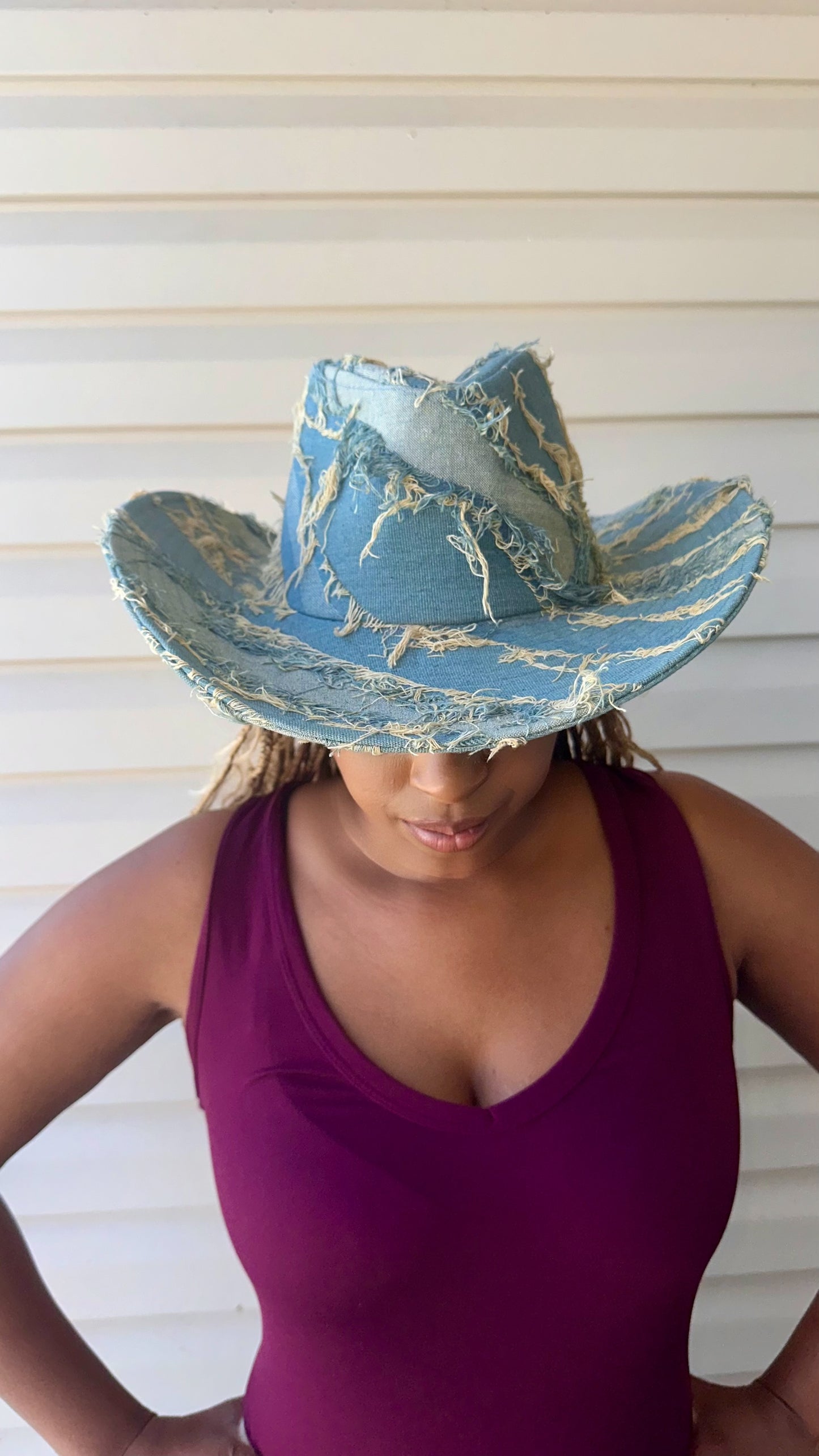 Distressed Denim Cowboy Style Hat. Size 58cm Size Medium