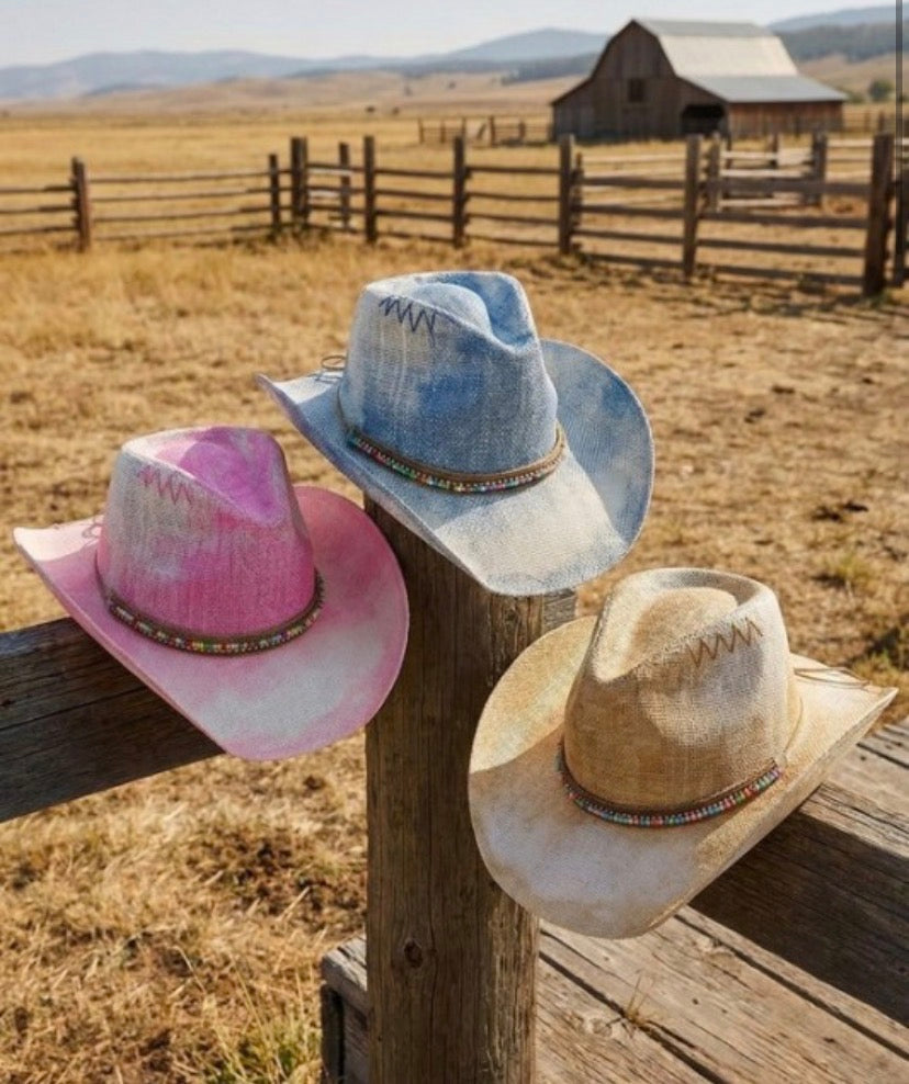 Rustic Western Straw Hat With Heishi Bead And Rhinestones Chain Band. BLUE
