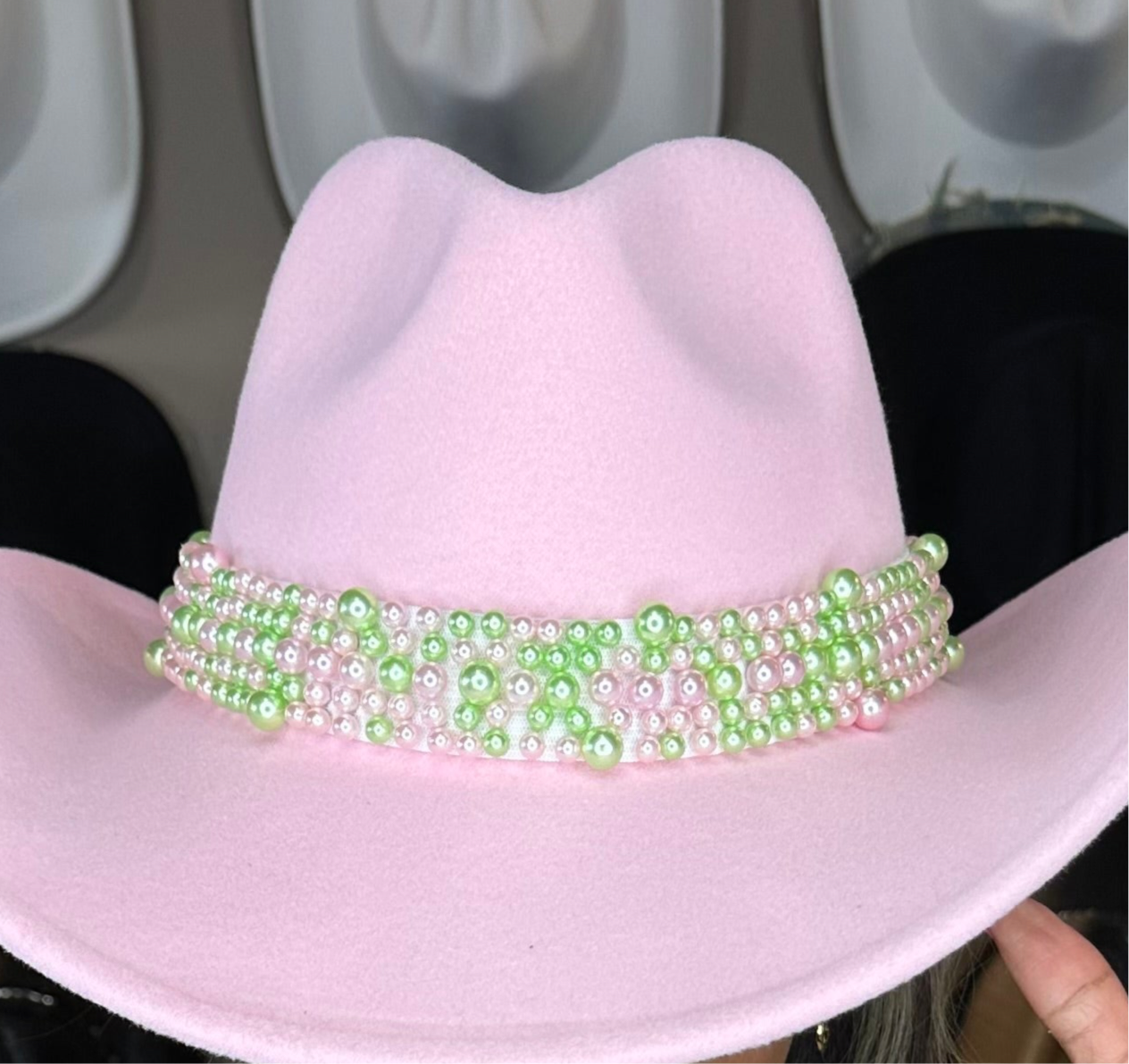 Pink Green Pearl Elastic Hat Band