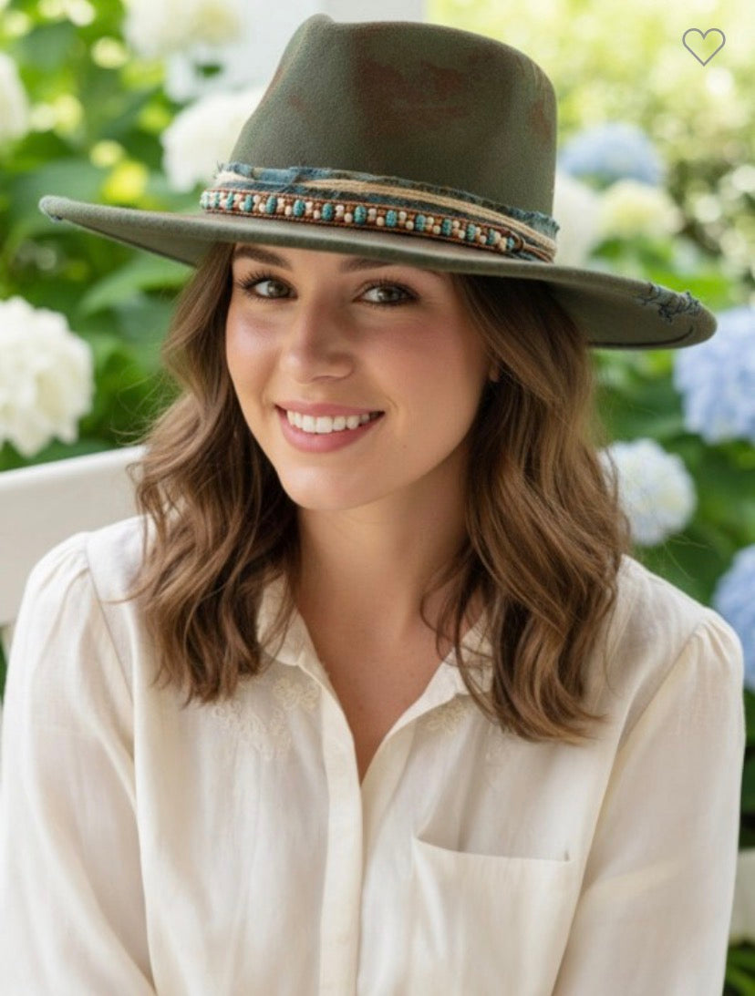 Green Vintage Versatile Shapeable Cowgirl & Fedora Hat