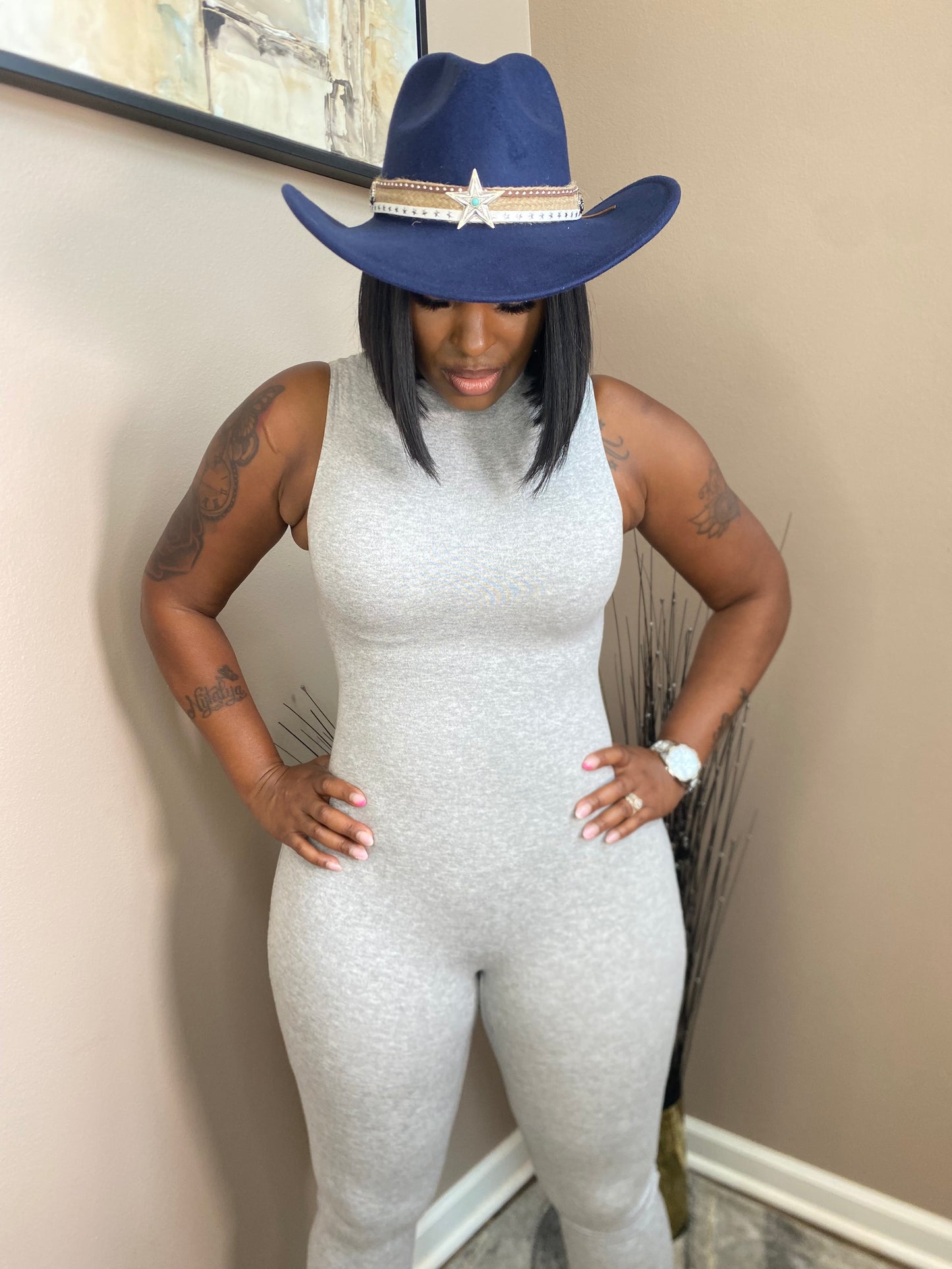 Navy Grey Bottom Star Status Cowboy Style Hat Accessory Sold Separately Unisex