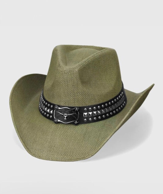 Metal Steer Head Buckle Faux Leather Cowboy Hat