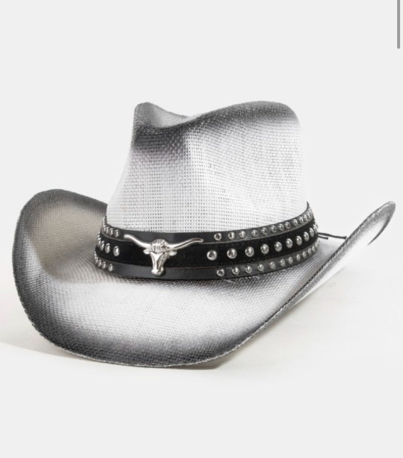 western long horn studded strap straw cowboy hat
