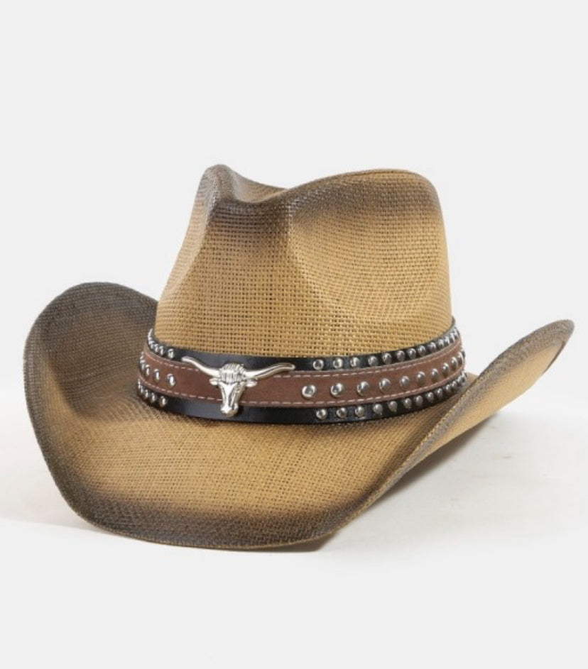 western long horn studded strap straw cowboy hat