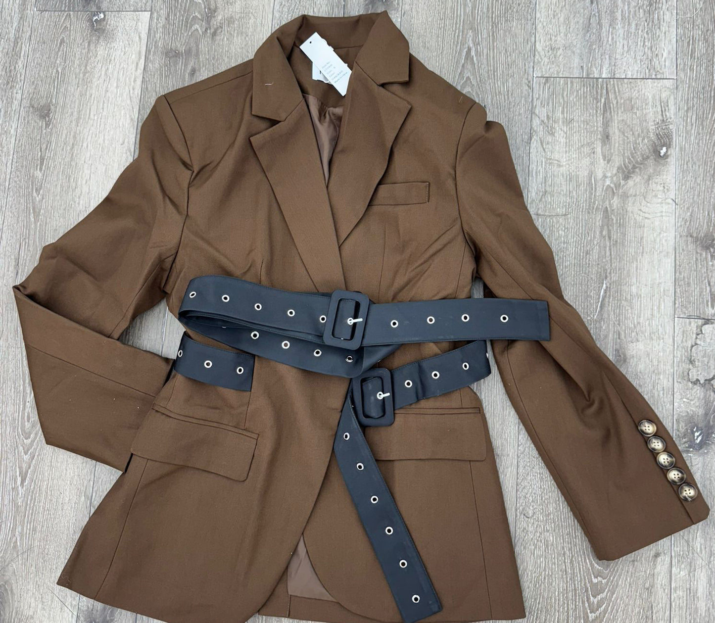 Brown Blazer Button Belted Long Sleeve Jacket Oversized Tunic Length Office Coat