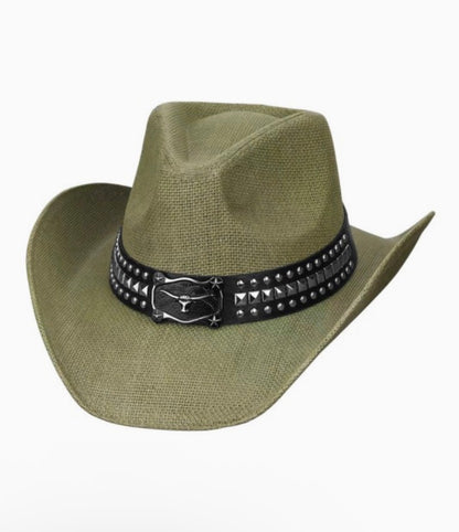 Metal Steer Head Buckle Faux Leather Cowboy Hat