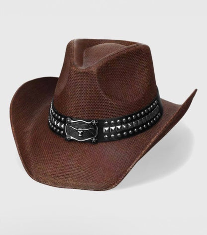 Metal Steer Head Buckle Faux Leather Cowboy Hat