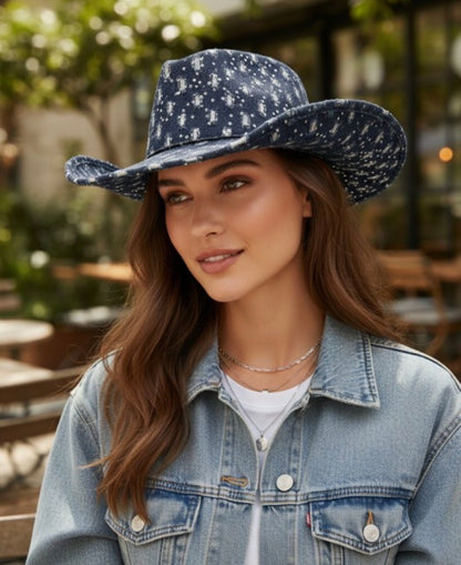 Wide Brim Distressed Sequin Pattern Cowboy Fedora Hat