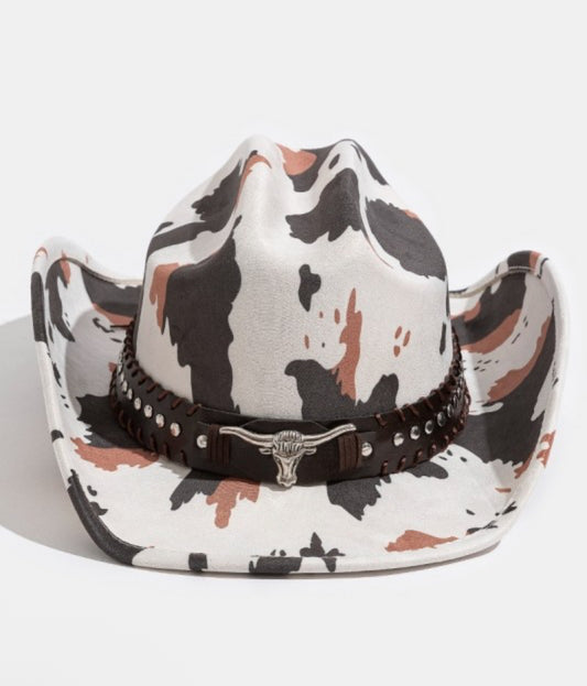 Western Bull Head Strap Cow Print Cowboy Hat