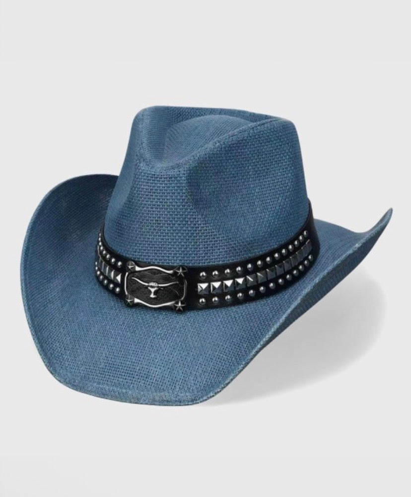 Metal Steer Head Buckle Faux Leather Cowboy Hat