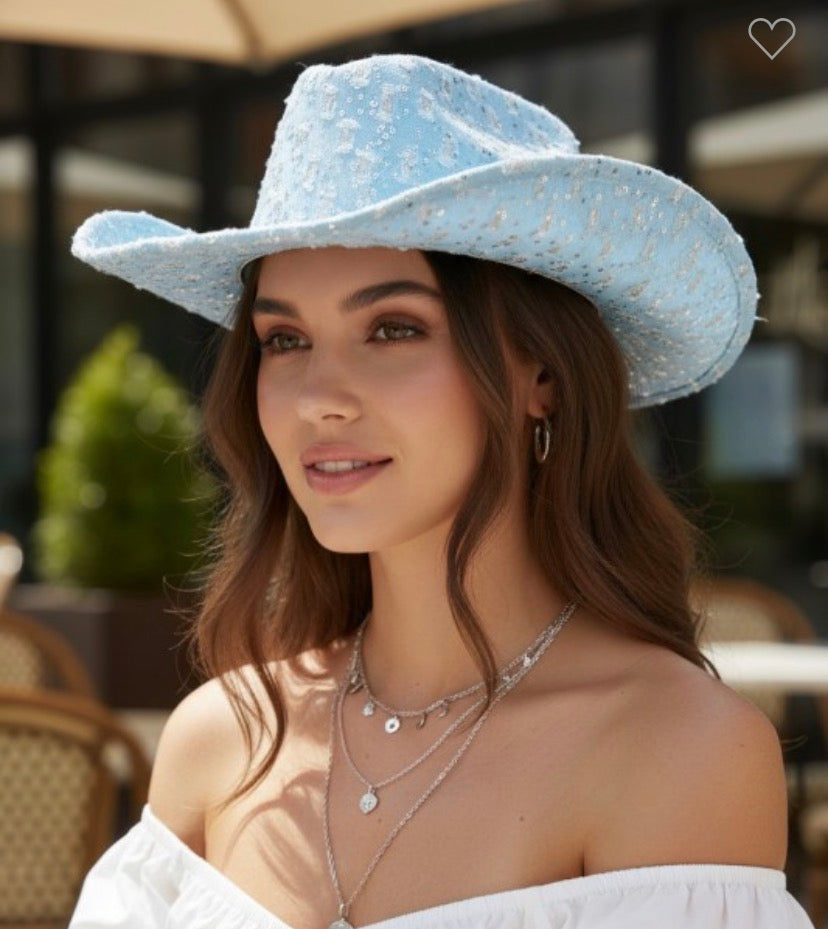 Wide Brim Distressed Sequin Pattern Cowboy Fedora Hat