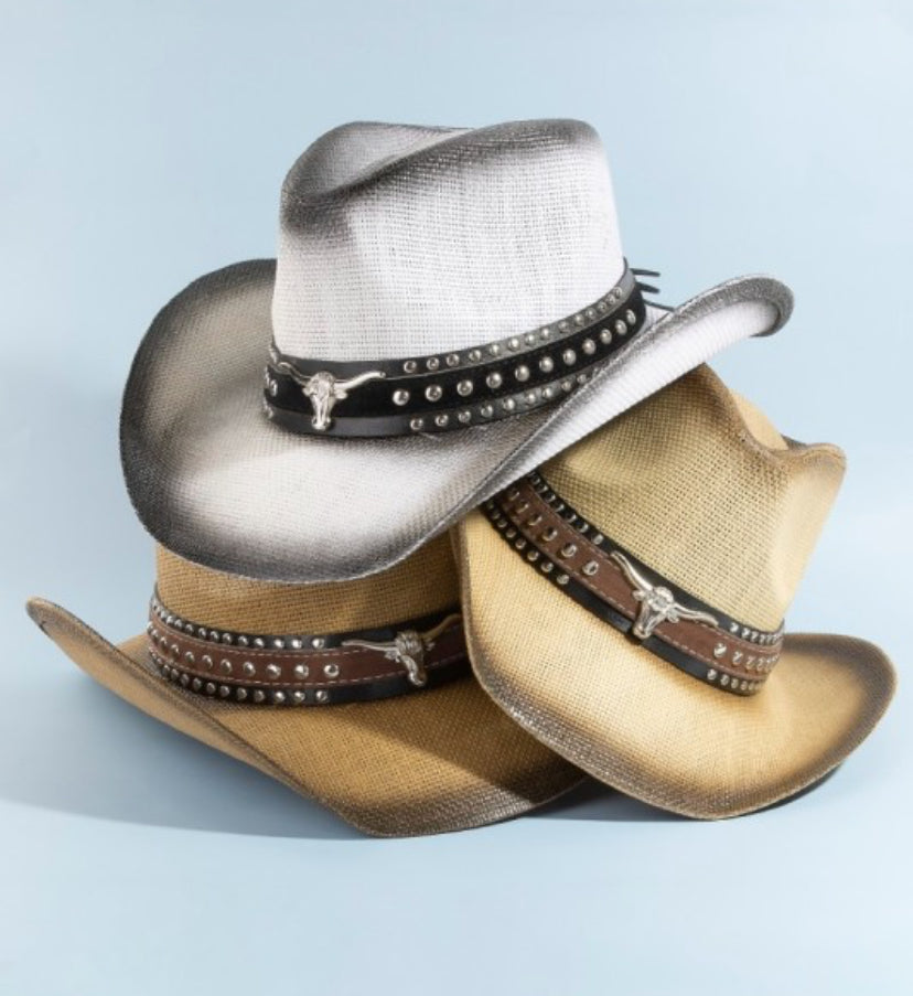 western long horn studded strap straw cowboy hat
