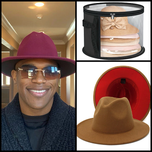 Burgundy and Khaki Two Tone Standard Brim Fedora with storage bag