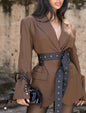 Brown Blazer Button Belted Long Sleeve Jacket Oversized Tunic Length Office Coat
