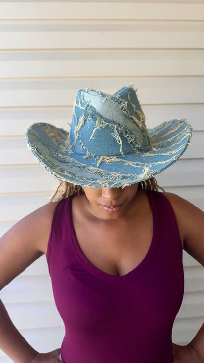 Distressed Denim Cowboy Style Hat. Size 58cm Size Medium