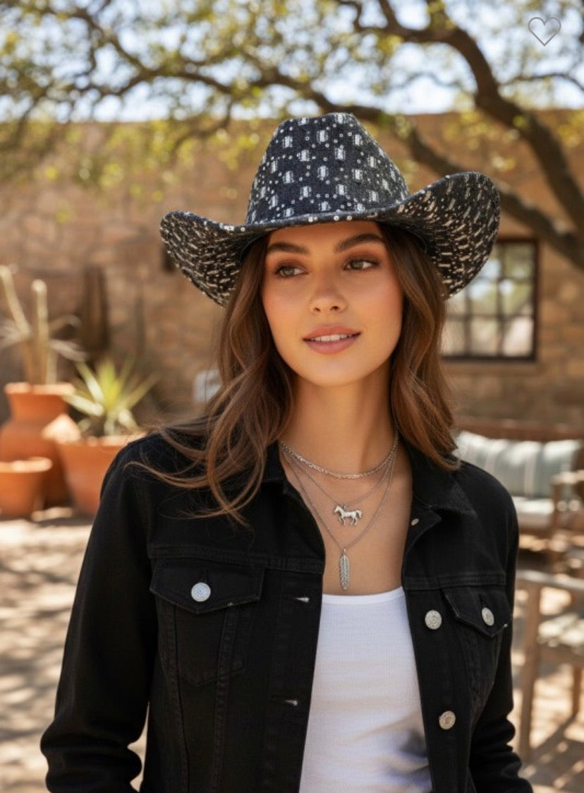 Wide Brim Distressed Sequin Pattern Cowboy Fedora Hat