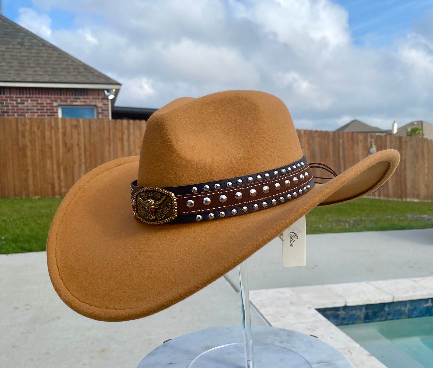 Khaki mustard 58cm cowboy hat with bull band accessory