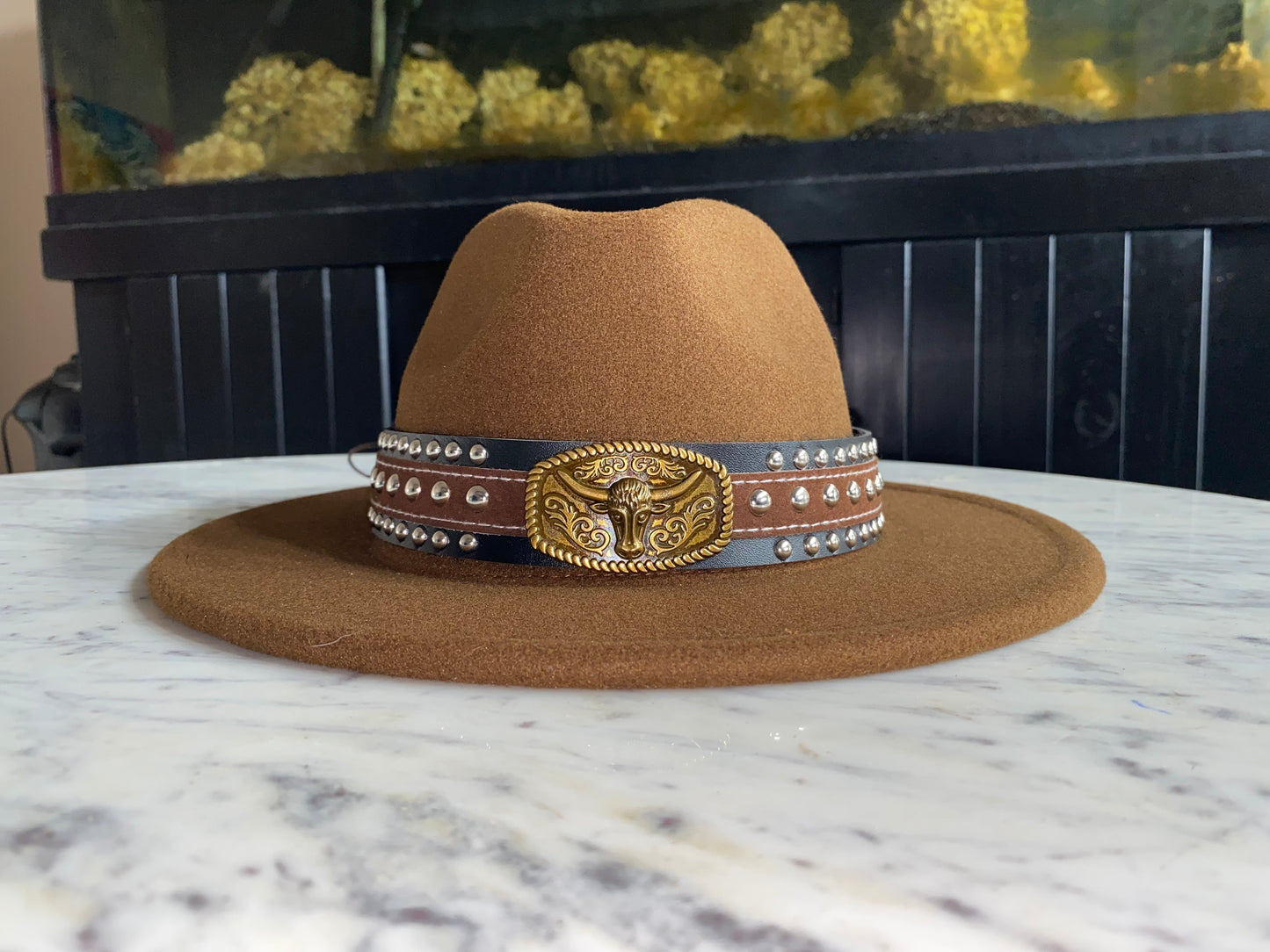 Brown Fedora with Bull Band Accessory 58cm Size