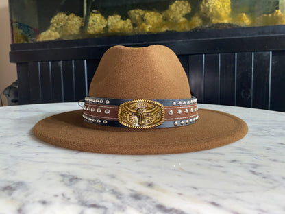 Brown Fedora with Bull Band Accessory 58cm Size