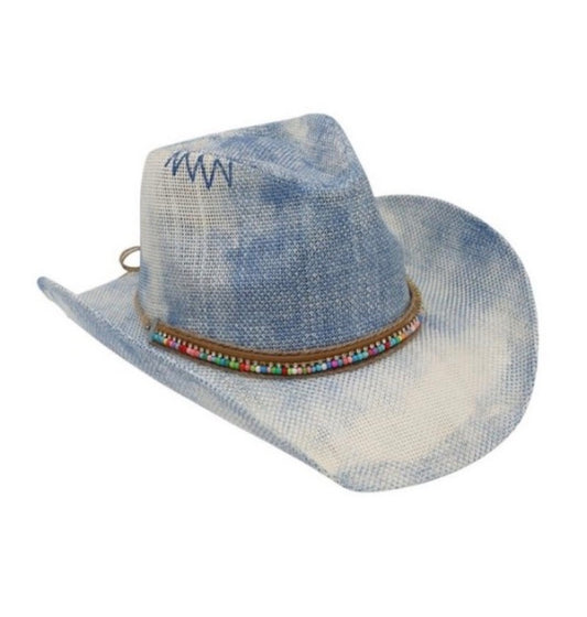 Rustic Western Straw Hat With Heishi Bead And Rhinestones Chain Band. BLUE