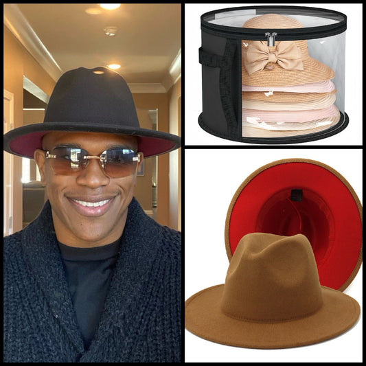 Black and Khaki Two Tone Standard Brim Fedora with storage bag
