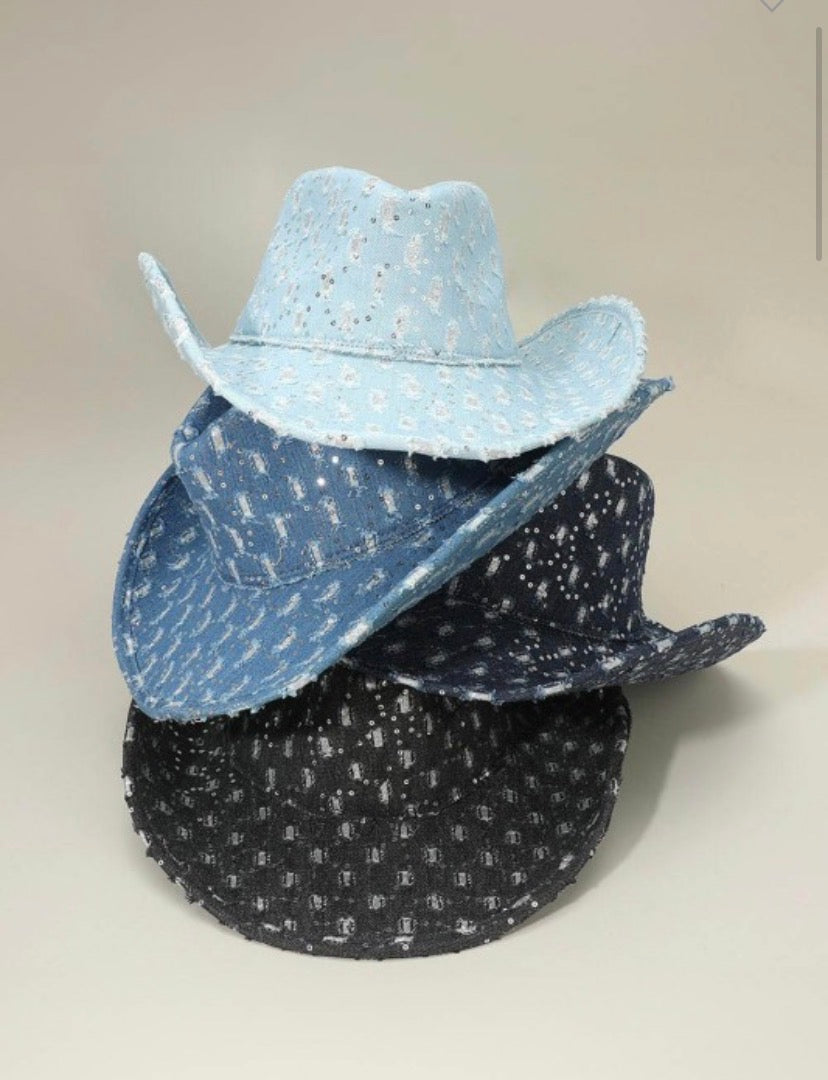 Wide Brim Distressed Sequin Pattern Cowboy Fedora Hat