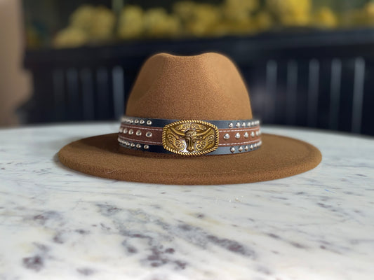 Brown Fedora with Bull Band Accessory 58cm Size