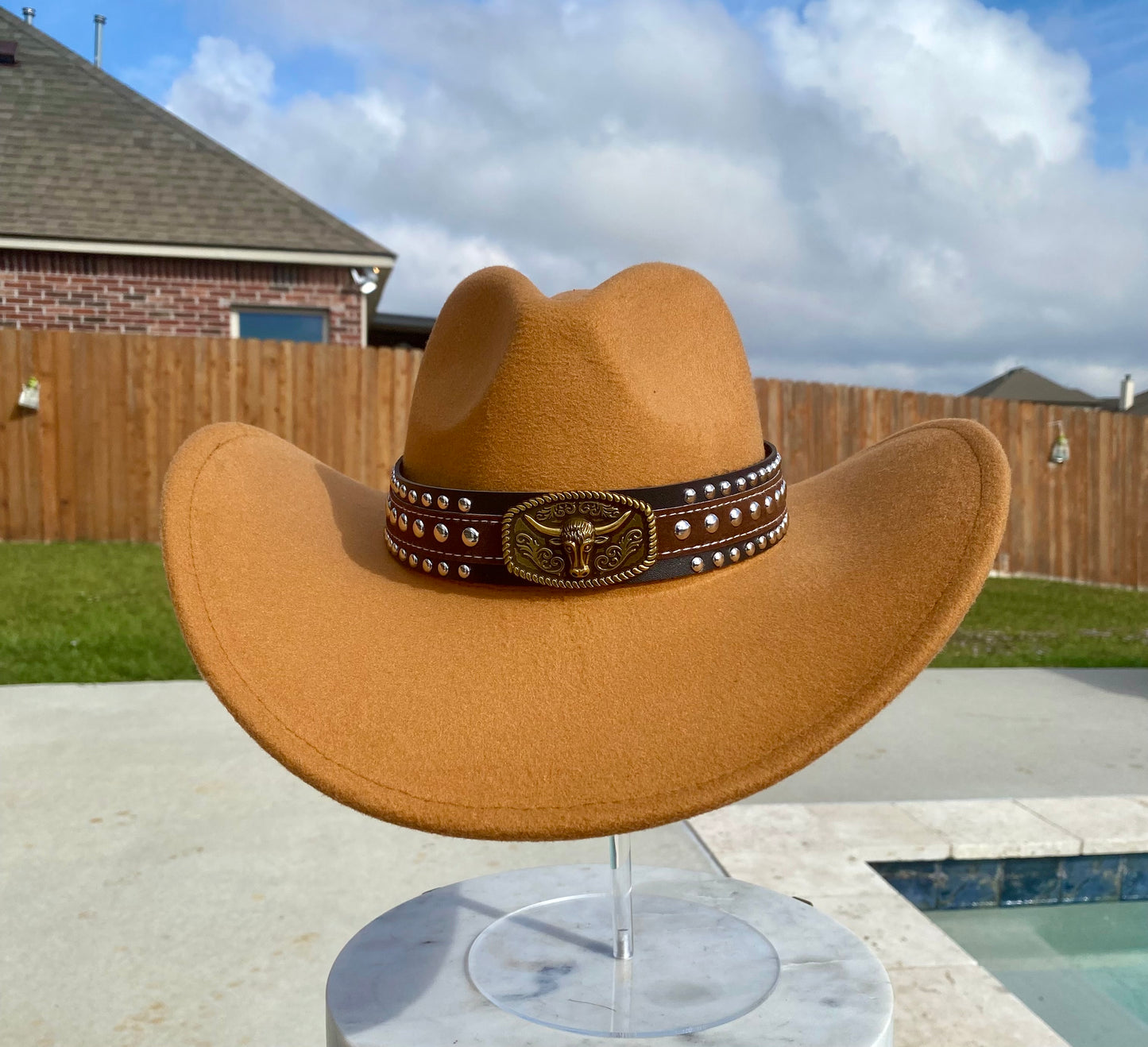 Khaki mustard 58cm cowboy hat with bull band accessory