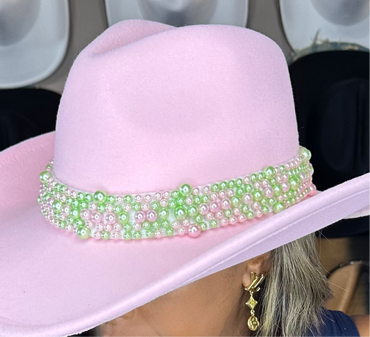 Pink Green Pearl Elastic Hat Band