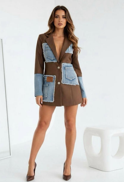 Denim Patchwork Blazer Dress – Brown