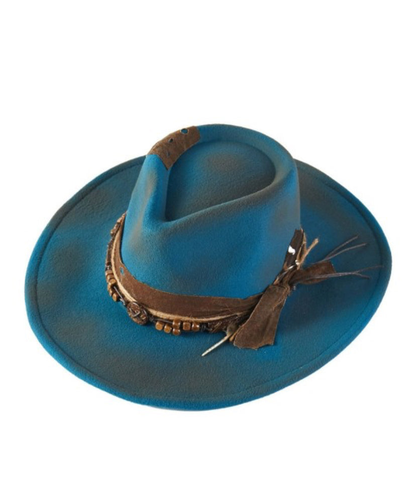 Feather Band Rustic Vintage Cowgirl Fedora Hat teal