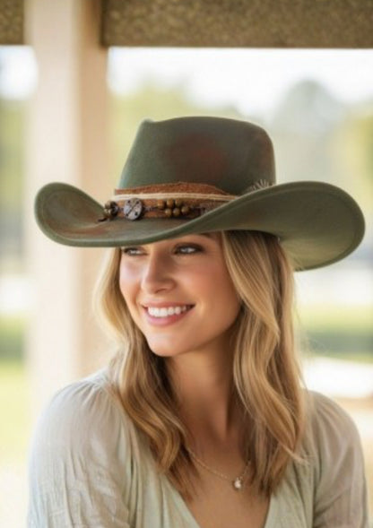 Green Vintage Versatile Shapeable Cowgirl & Fedora Hat