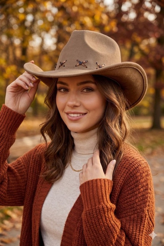 FAUX SUEDE COWBOY HAT WITH LEOPARD STITCHING