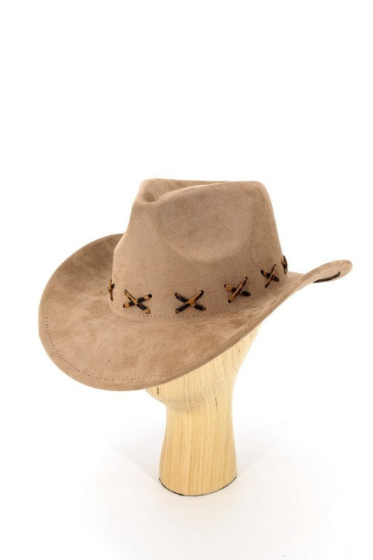 FAUX SUEDE COWBOY HAT WITH LEOPARD STITCHING