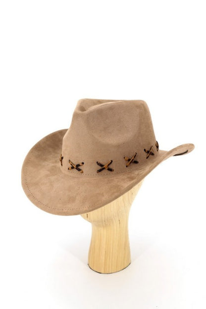 FAUX SUEDE COWBOY HAT WITH LEOPARD STITCHING