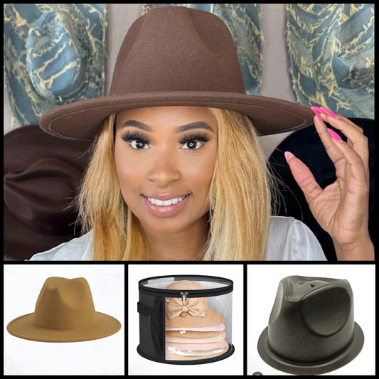 Brown and khaki 58cm fedora hat set