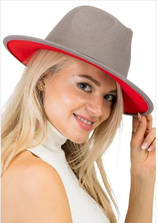 Adjustable Standard Brim Felt Fedora GRAY/RED