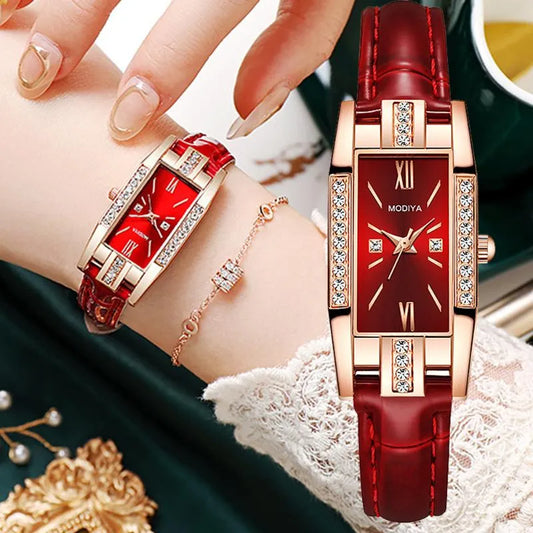 Elegant Crystal Square Rose Gold Women's Leather Wristwatch (without box)